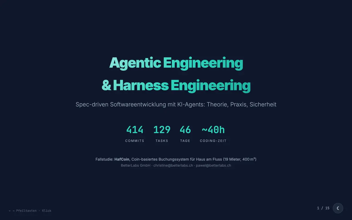 The Agentic Engineering & Harness Engineering deck, a spec-driven method with HafCoin as the case study.